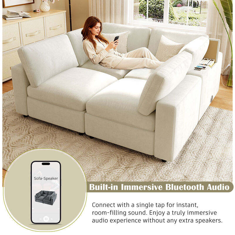 Merax  Upholstered Modular Sofa with Storage Space, USB Charge Ports, Wireless Charging and Built-in Bluetooth Speaker in Arm image number 5