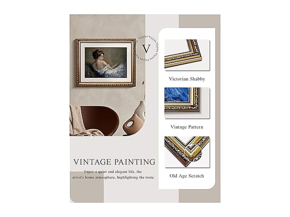 Gold Framed Wall Art Canvas Decor Portrait Sitting Woman Vintage Room Aesthetic