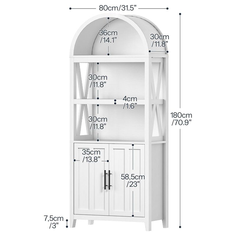 5 Tier Arched Bookshelf Modern Farmhouse Style, Wooden Storage Shelf-White image number 2