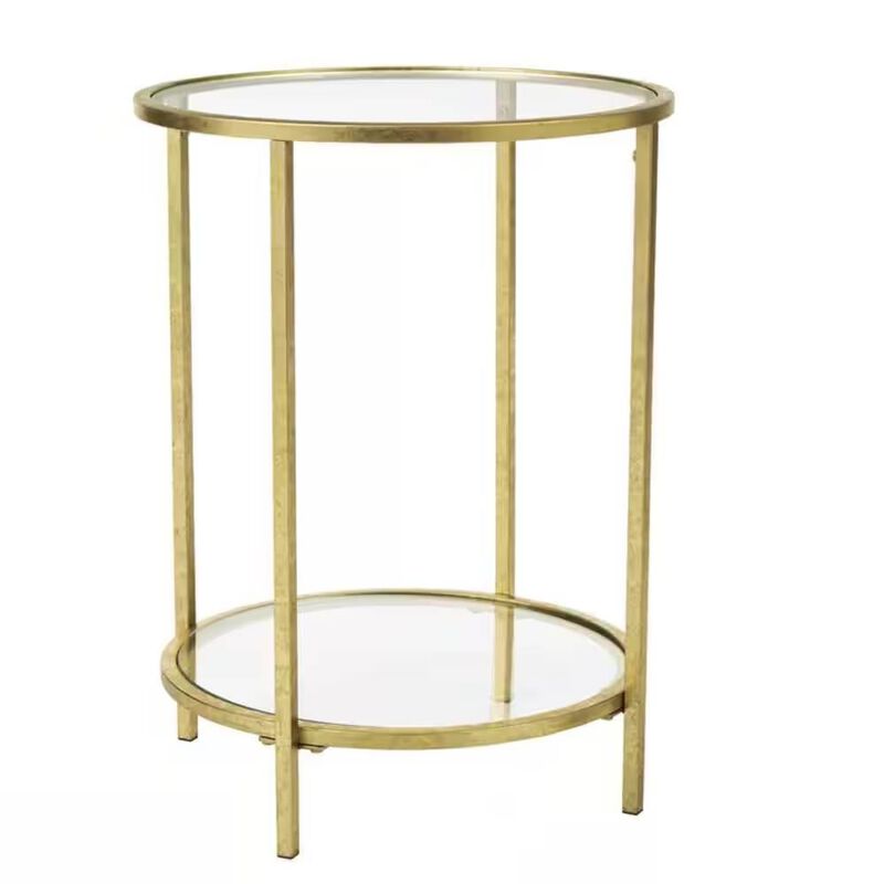 Hivvago Round Accent Side Table Gold Metal Glass Top Bottom Shelf End Table