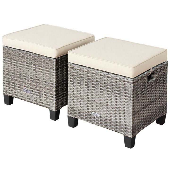 2PCS Patio Rattan Wicker Ottoman Seat with Removable Cushions