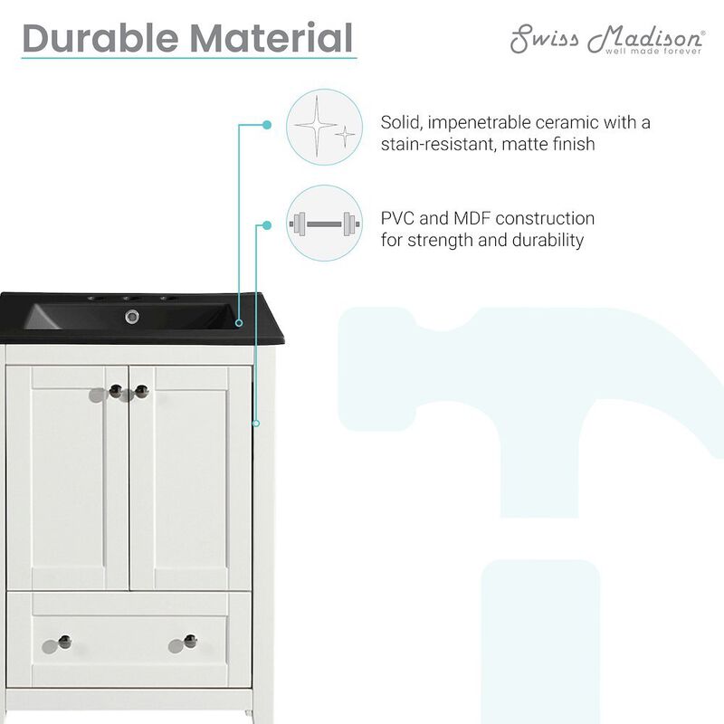 Cannes 24 in. White Bathroom Vanity with 3-Hole Ceramic Sink Top image number 2