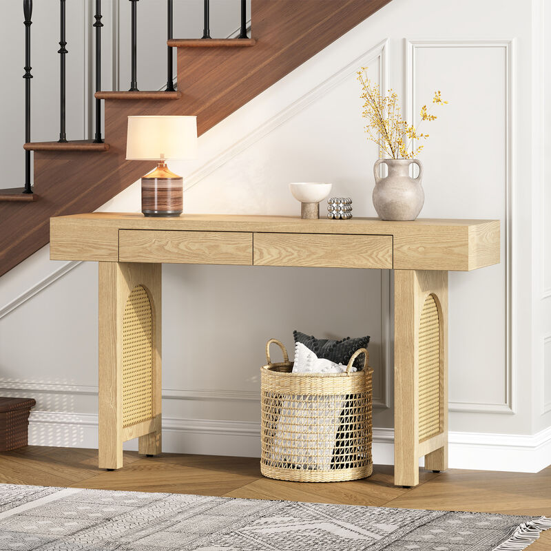 Clihome Narrow Console Table with Rattan Accent, Natural Wood Finish Entryway Table with Storage Drawers, Stylish Rustic Sofa Table for Living Room and Hallway