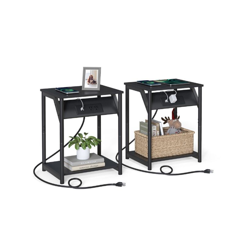 End Table Duo with Built-In Charger &ndash; Set of 2 Tables with USB Ports and AC Power Outlets for Living Spaces