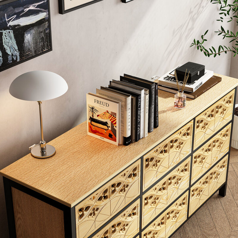 FUFU&GAGA 9-Drawer Tall Storage Cabinet , Modern Chest Organizer for Bedroom, Living Room, or Office (59.1 in. W x 15.7 in. D x 31.5 in. H),  Natural Wood Finish and Black Accents