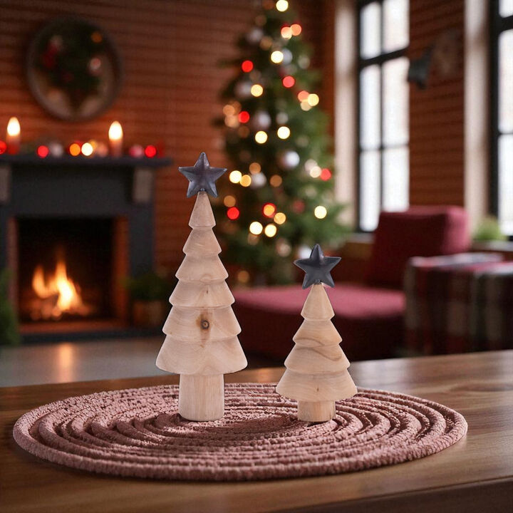 Set of 2 Rustic Natural Wood Trees with Metal Star – Tabletop Christmas Decorations for Entryway, Living Room, or Holiday Centerpieces