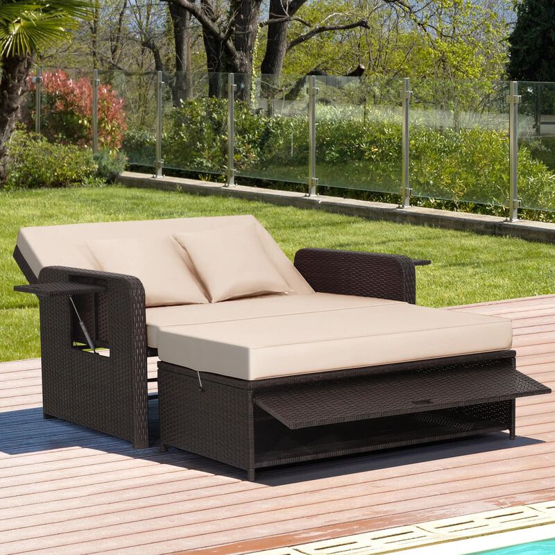 Mondawe Patio Rattan Daybed with 4-Level Adjustable Backrest and Retractable Side Tray