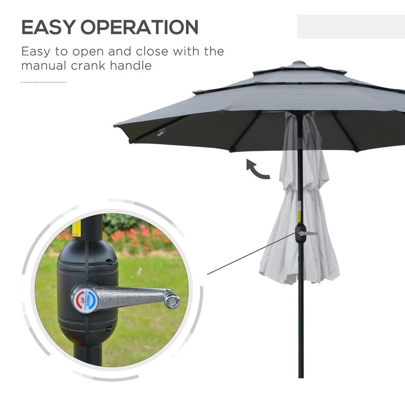 Dark Grey Patio Shield: 9' 3-Tier Outdoor Umbrella with Crank Tilt