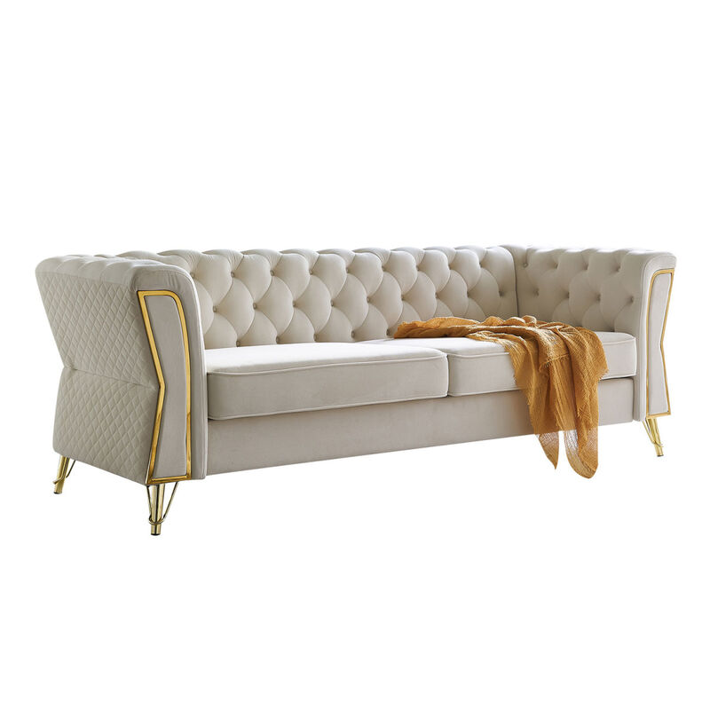 Modern Tufted Velvet Sofa 87.4 inch for Living Room Beige Color