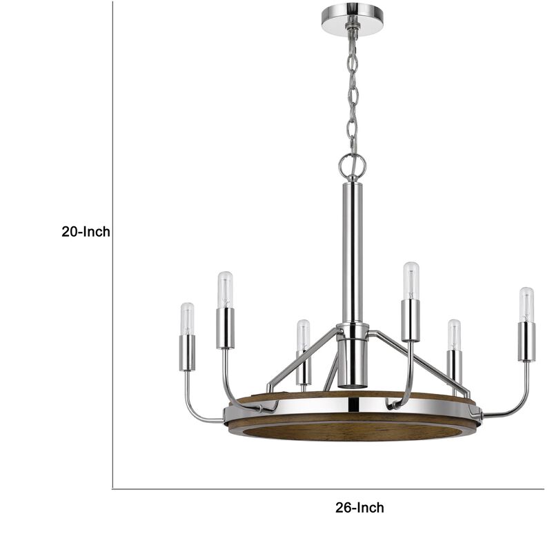 6-Light Candelabra Chandelier with LED, Chrome and Oak Wood, 26 Inch image number 7