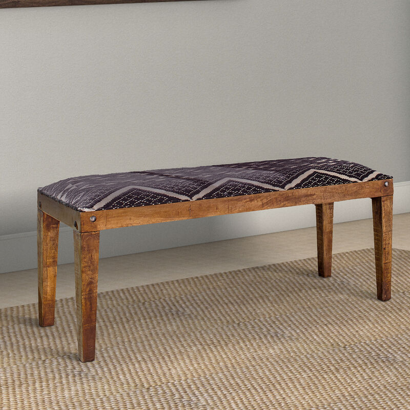 Fabric Upholstered Wooden Bench with Tapered Legs, Brown and Blue