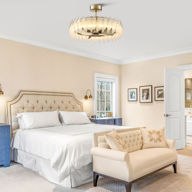 32.3" Modern Antique Silver Leaf-shaped Textured Glass Dimmable Reversible Caged Ceiling Fan with Light and Remote