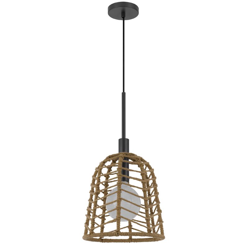 Pendant Light, Bell Style Caged Body with Braided Burlap Rope, Black Metal image number 4