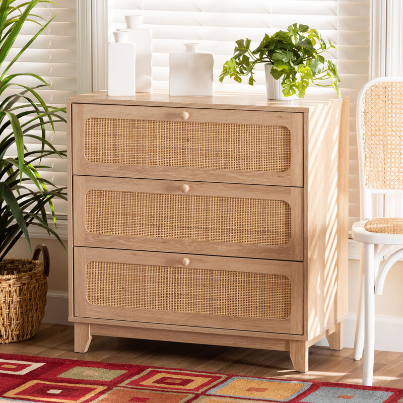 Baxton Studio Elsbeth Japandi Oak Finished Wood and Natural Rattan 3 Drawer Storage Cabinet image number 1