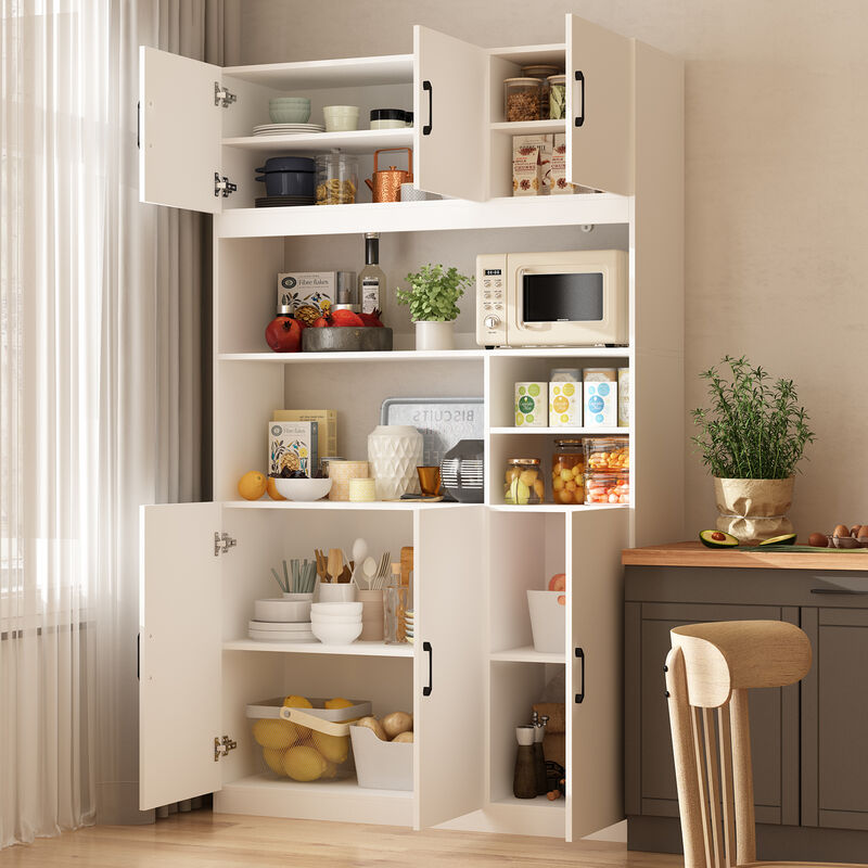 White Wooden Sideboard, Food Pantry, Wine Cabinet, Storage Cabinet with 4 Cabinet and 4 Open Shelves