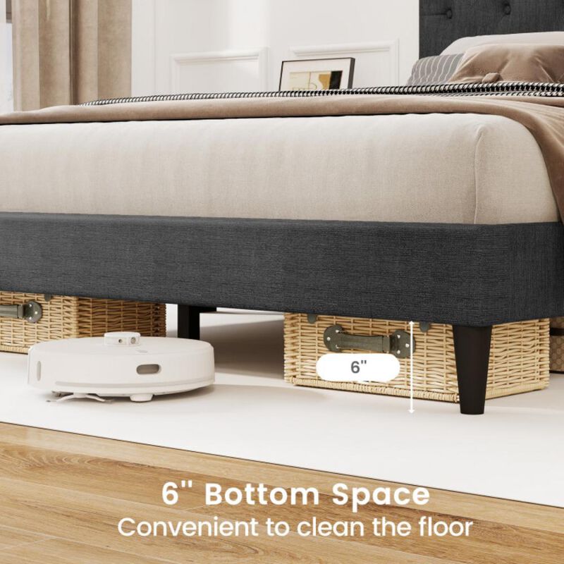 Hivvago Upholstered Platform Bed with Tufted Headboard and Wooden Slats Gray-Queen Size