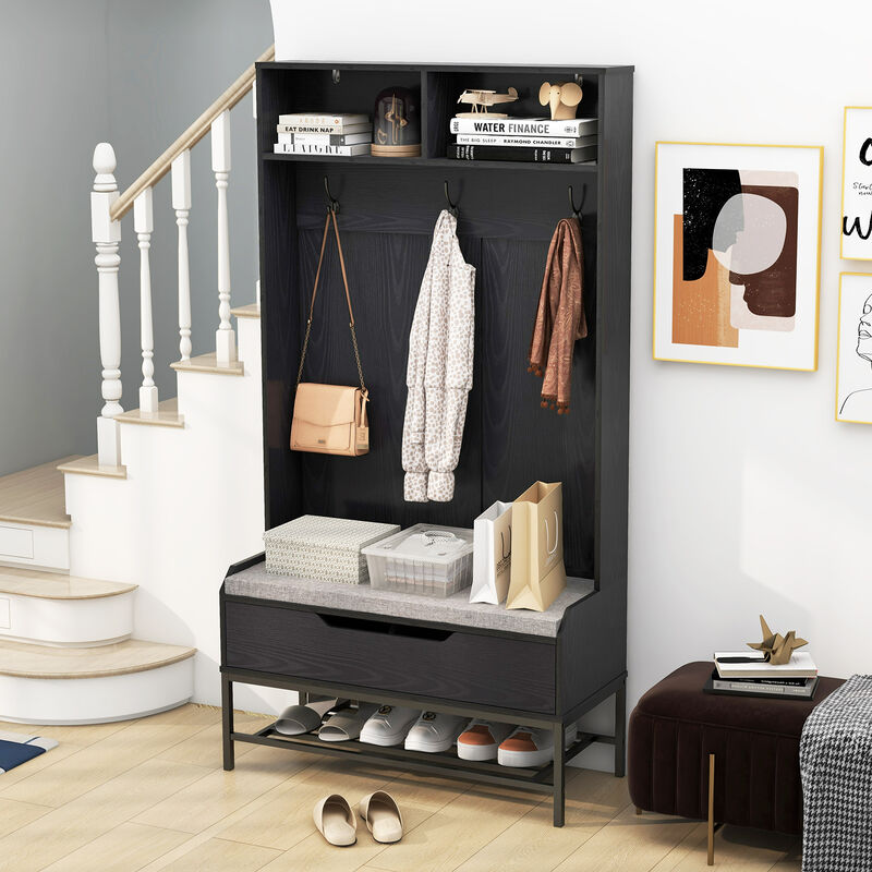 Modern Tall Hall Tree 4-in-1 with Cushioned Seat and Shoe Storage