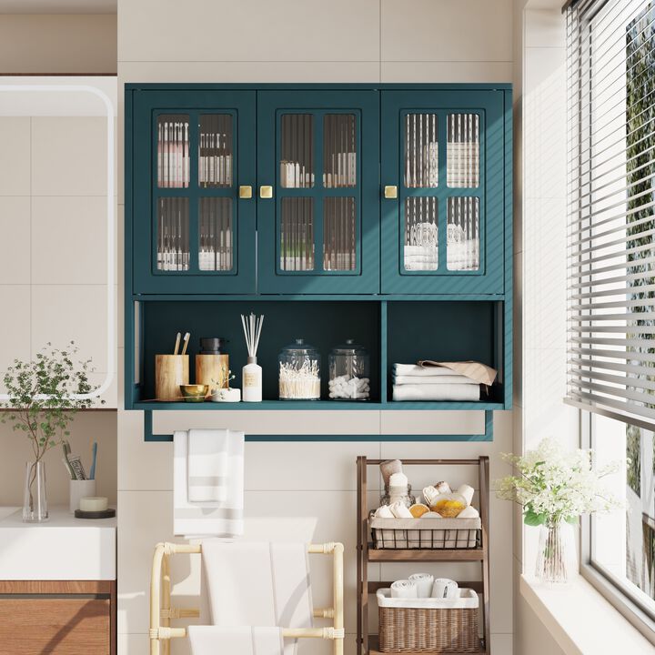 Bathroom Wall Cabinet, 3-Door Wooden Wall Cabinet with Open and Hidden Storage Space, Medicine Cabinet with Glass Door and Towel Bar