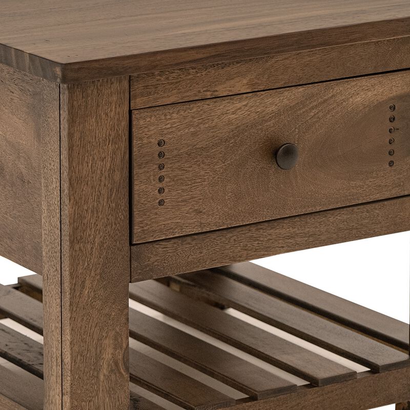 Linaa Side End Table, 1 Drawer, 1 Shelf, Barrel Brown Wood, 27 Inch