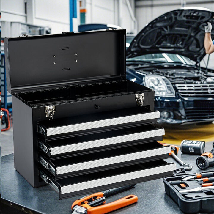 Portable Metal Tool Box with 4 Drawers, Locking Chest with EVA Liner and Ball Slides-Black