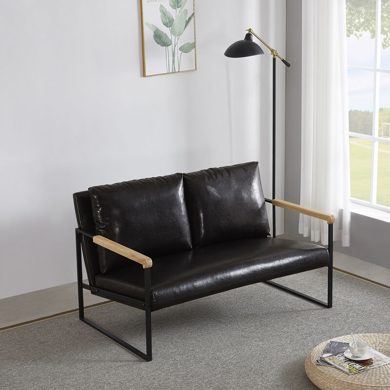 Metal Frame with PU Leather Upholstered Loveseat (Dark Brown)