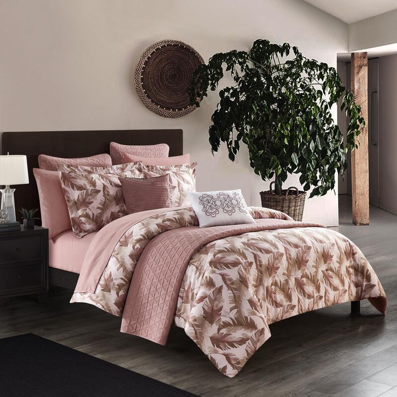 Chic Home Kala Comforter And Quilt Set Watercolor Leaf Print Geometric Pattern Bed In A Bag - Sheet Set Decorative Pillows Shams Included - 12-Piece - Queen 90x90", Blush