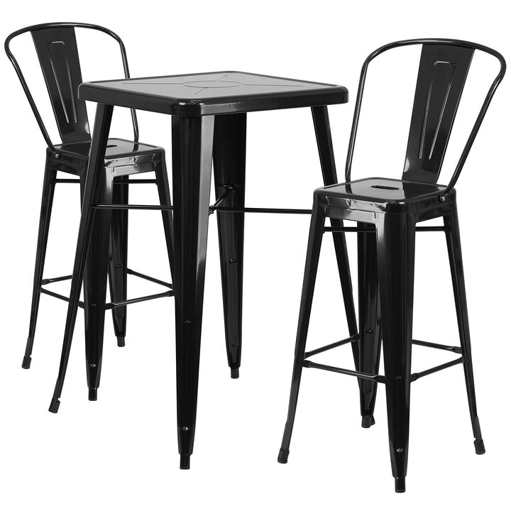 Flash Furniture Commercial Grade 23.75" Square Black Metal Indoor-Outdoor Bar Table Set with 2 Stools with Backs