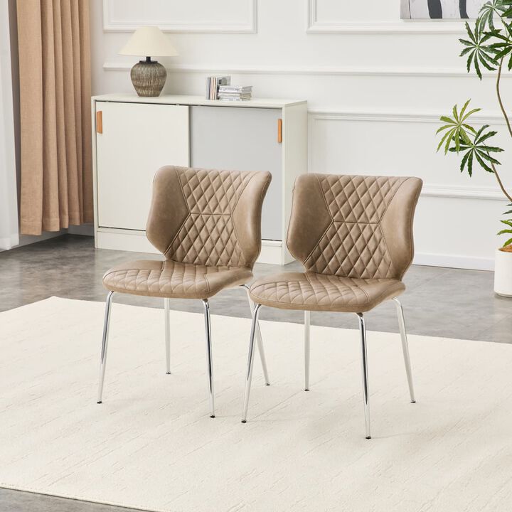 Set of 2 Leather Dining Chairs Square High Back Dining Chairs with Diamond Tufting Retro Dining Chairs with Metal Legs and Back Handle