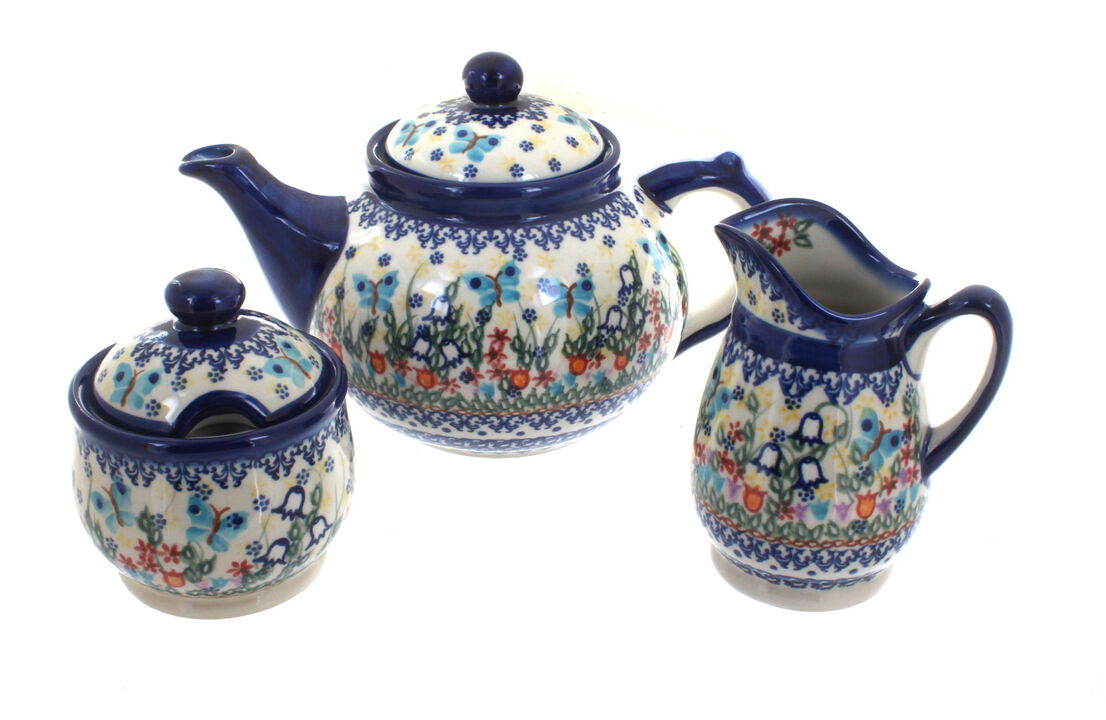 Blue Rose Polish Pottery Aztec Flower 3 Piece Tea Set