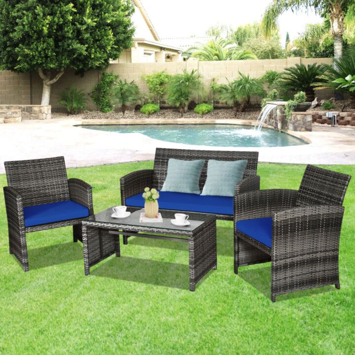 4 Pieces Patio Rattan Furniture Set with Glass Tabletop
