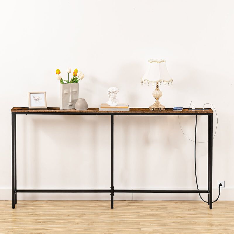 Slim Console Table with Charging Station for Entryway and Living Room-Brown image number 6