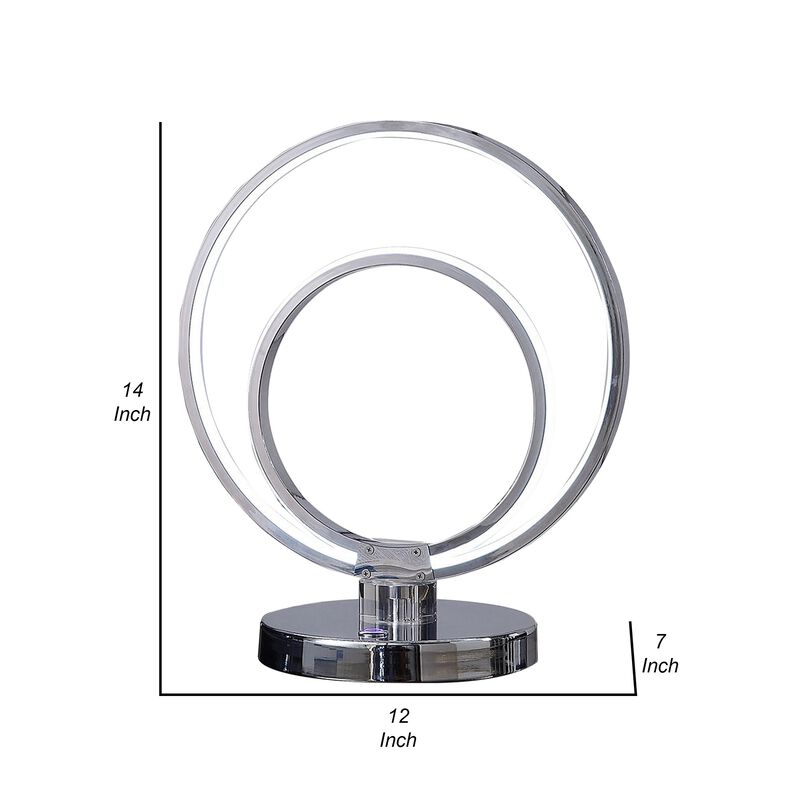 14 Inch Table Lamp, Modern Ring LED Light, Round Metal Base, Silver - Benzara