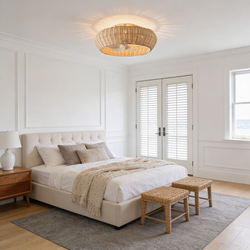 19.7" Bohemian Handwoven Rattan Caged Antique White Reversible Ceiling Fan with Light and Remote image number 2