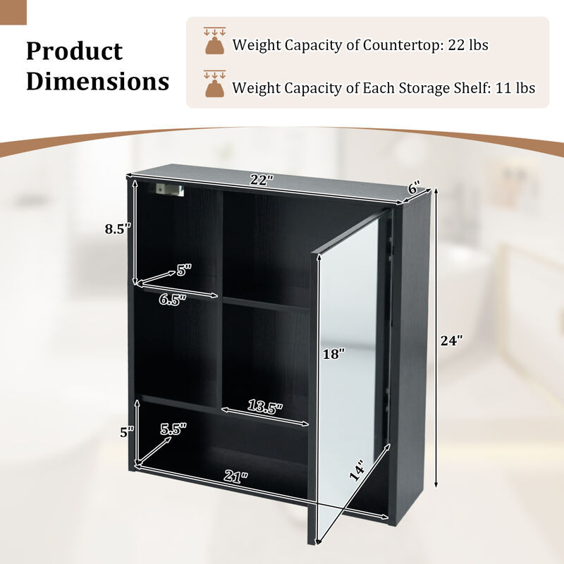 Bathroom Wall Mirror Cabinet with 2 Hidden Shelves and 3 Open Cubbies image number 3