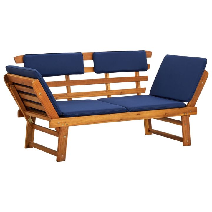 vidaXL Convertible Patio Bench and Day Bed with Blue Cushions - Solid Acacia Wood - Outdoor 2-in-1 Furniture - Garden Deck, Lawn, Backyard Seating, and Lying Comfort