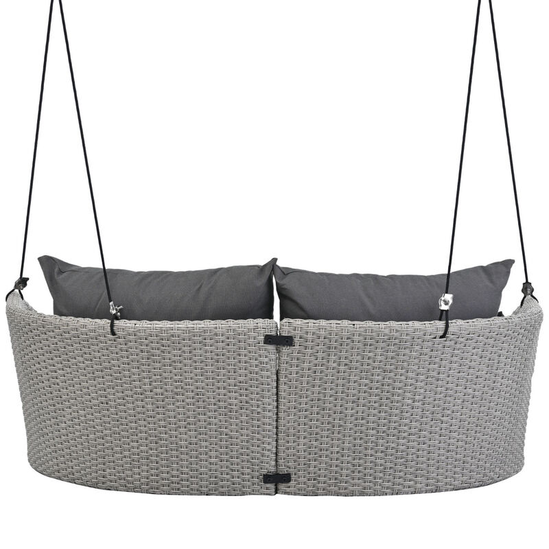 51.9" 2-Person Hanging Seat, Rattan Woven Swing Chair, Porch Swing With Ropes, Gray Wicker And Cushion