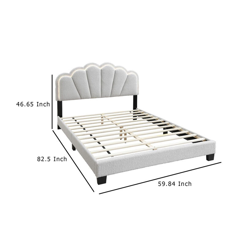 Geny Queen Size Bed, Classic White Wool Upholstery and LED, Glam Arch - Benzara