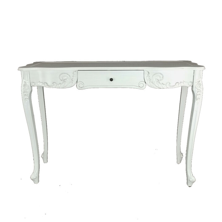 Troy 32 Inch Classic Wood Console Table, 1 Drawer, Floral Cared, White-Benzara