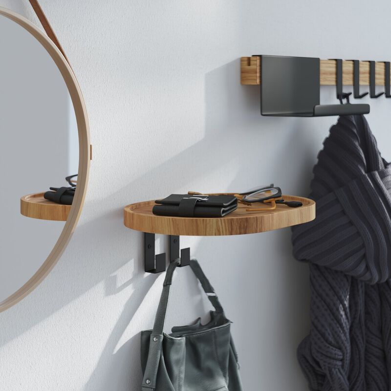 Wall-Mounted Modern Oak Hardwood Coat Rack with a Shelf and Two Metal Hooks