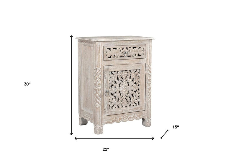 HomeRoots 30" Distressed White One Drawer Carved Floral Solid Wood Nightstand image number 6