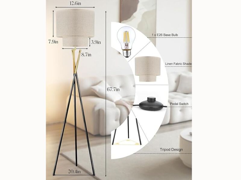 Gold Tripod Floor Lamp – 67.7" Tall, Linen Shade, E26 LED Bulb Included, Modern Style
