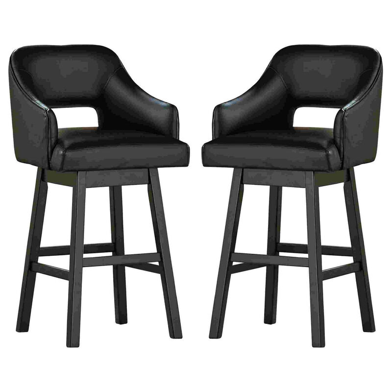 Swivel Barstool with Faux Leather and Countered Back, Set of 2, Black-Benzara