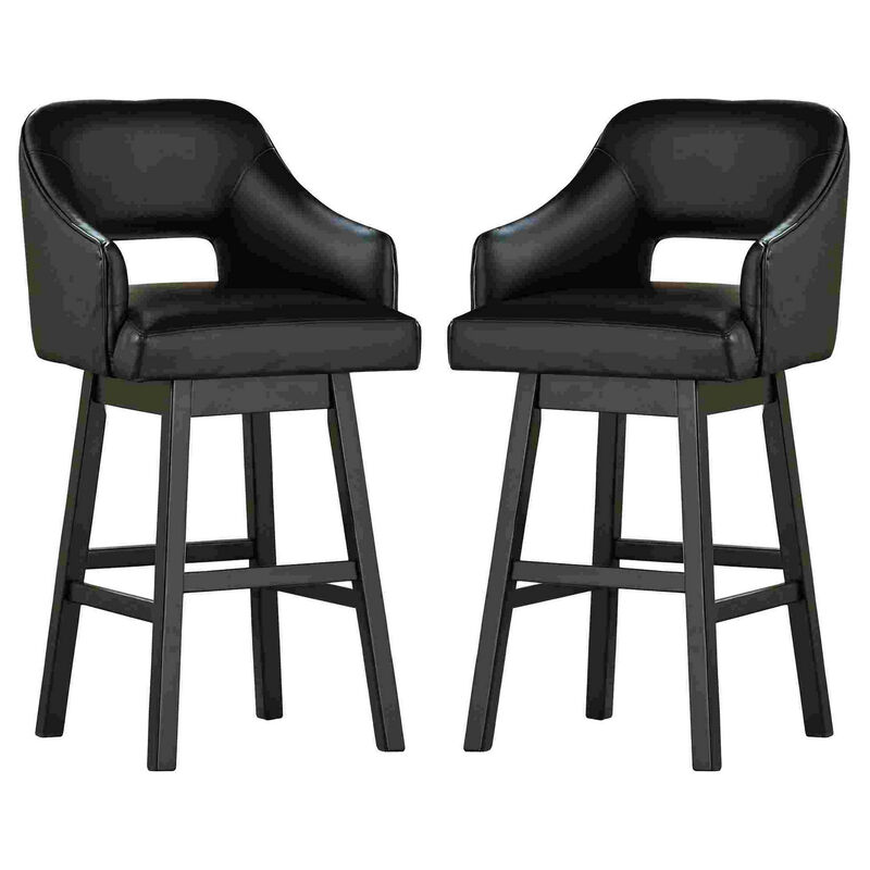 Swivel Barstool with Faux Leather and Countered Back, Set of 2, Black - Benzara