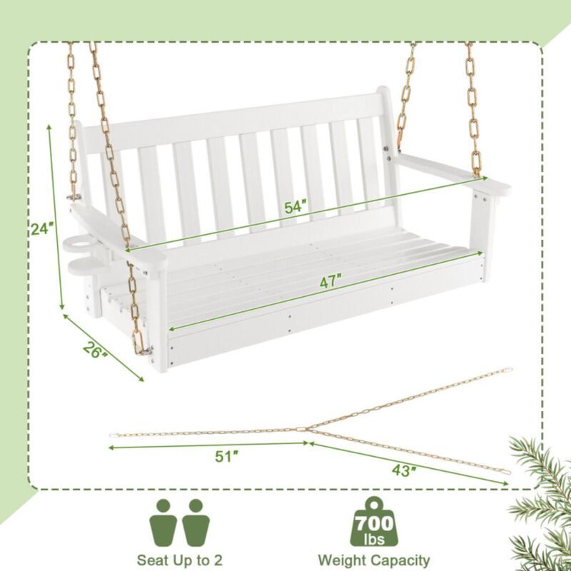 Hivvago 54 Inch HDPE Patio Porch Swing with Cup Holder-White