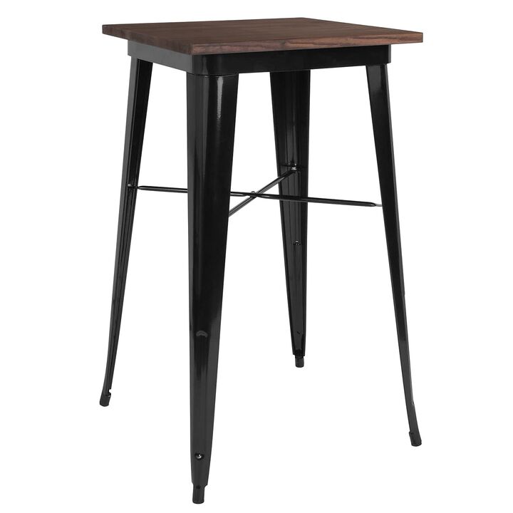 Flash Furniture Prince 23.5" Square Black Metal Indoor Bar Height Table with Walnut Rustic Wood Top