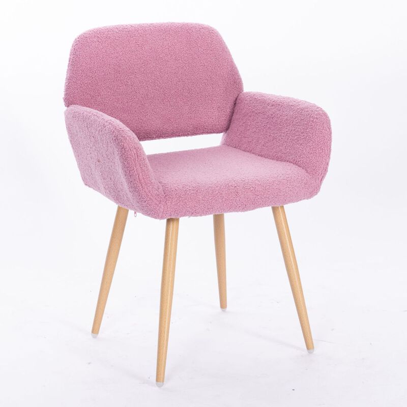 Teddy Fabric Upholstered Side Dining Chair with Metal Leg(Pink teddy fabric+Beech Wooden Printing Leg),KD backrest