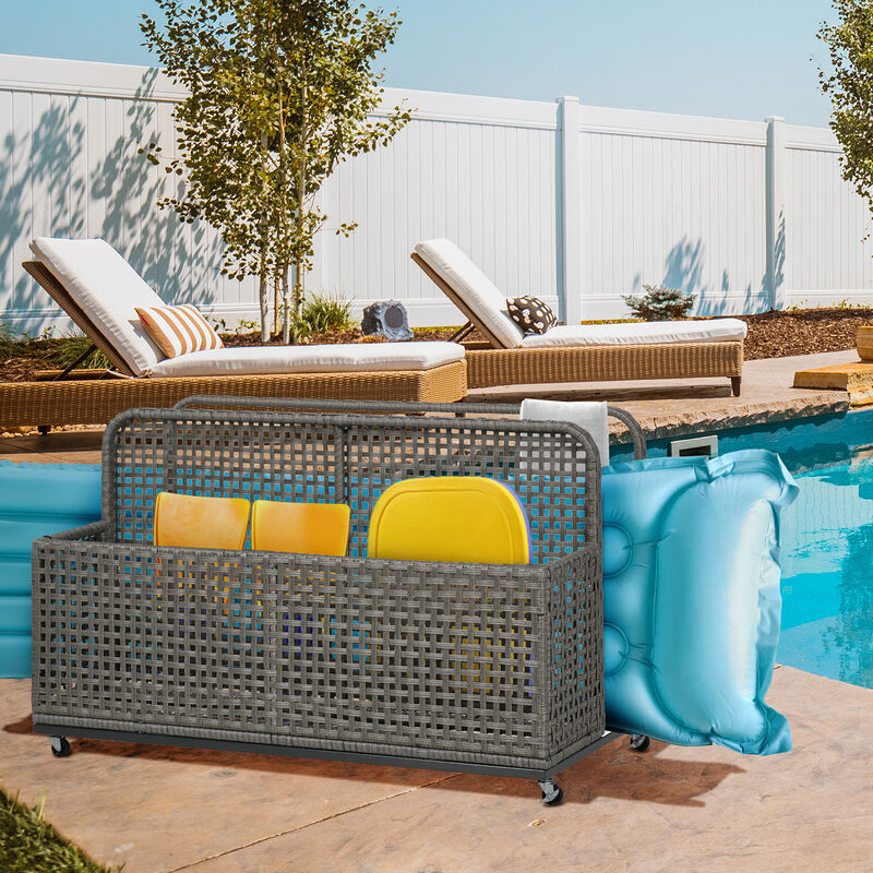 Outsunny Patio Wicker Pool Float Storage with Wheels, Outdoor Rolling PE Rattan Pool Caddy,  Includes Compartment and Basket, for Pool, Garden, Deck, Light Gray