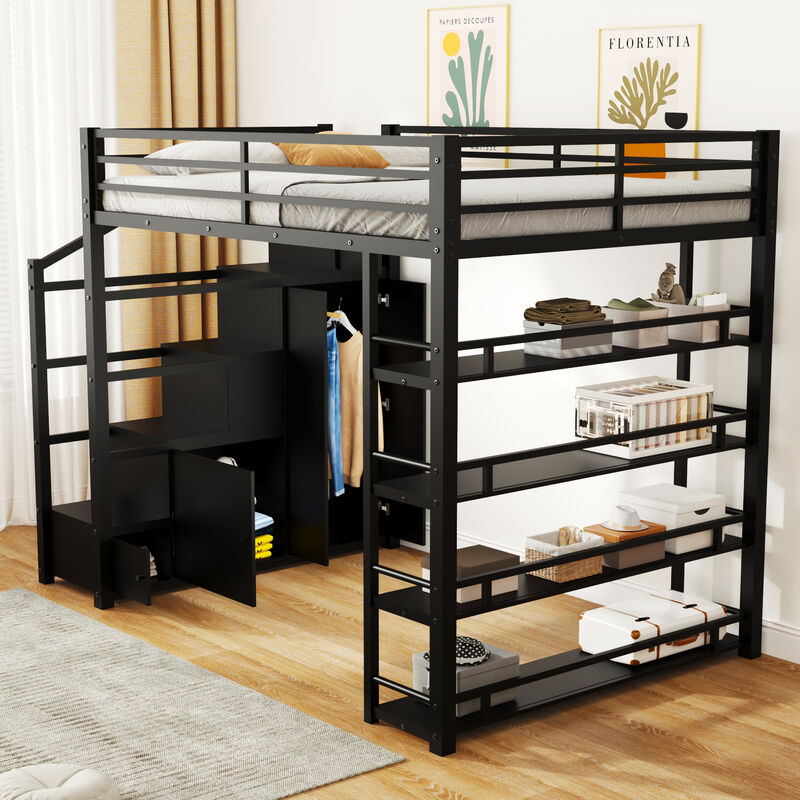 Merax Full Size Metal Loft Bed with 4-Tier Open Shelves, Storage Staircase image number 2