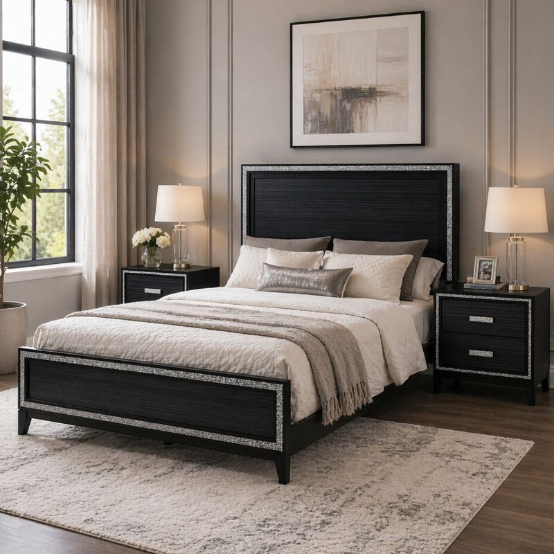 Queen Size Bedroom Set, Black Finish, 3-Piece Set with Bed and Two Nightstands image number 8