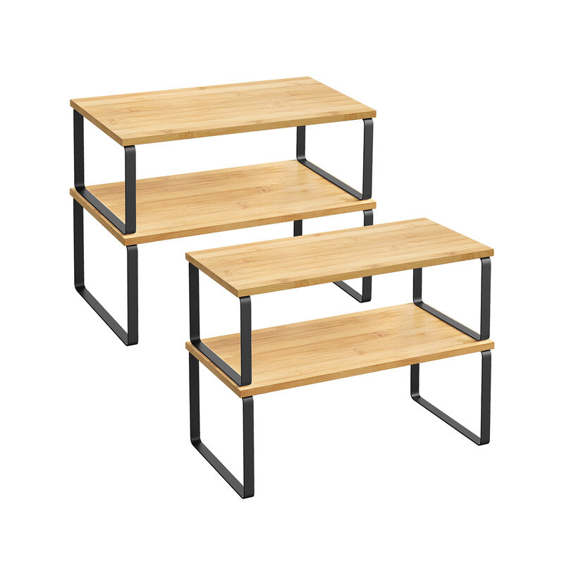 Set of 4 Stackable Cabinet Shelf Organizers - Metal and Particleboard Kitchen Counter Shelves, Expandable